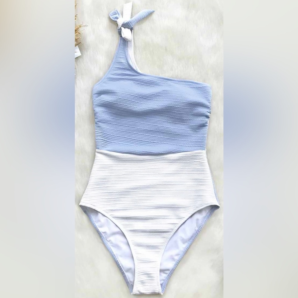 Blue and White One-Shoulder Swimsuit